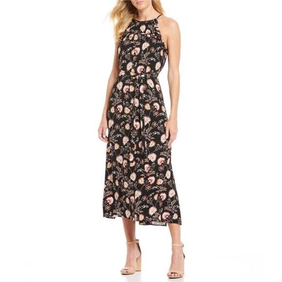 1.State High Neck Garden Maxi Dress Size XS Black Floral Ruffles Sleeveless New - Picture 1 of 10